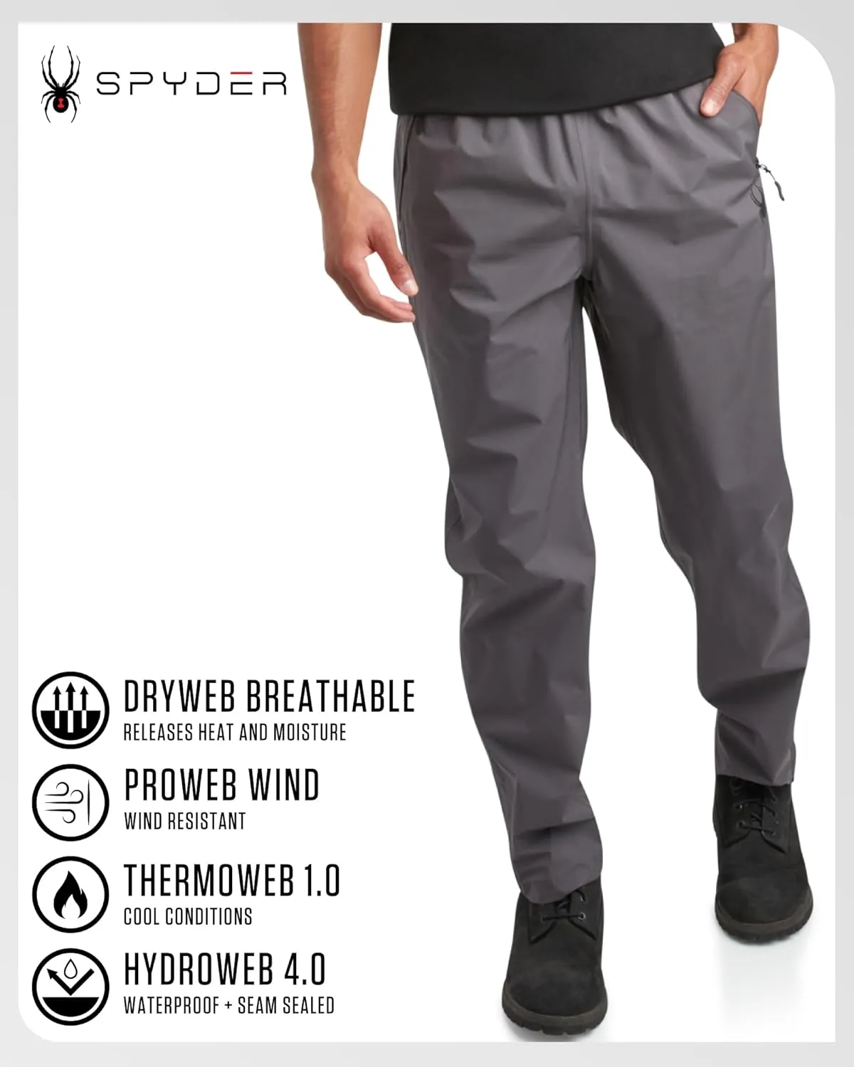 Spyder Mens Rain Pants - Waterproof Hiking Pants for Men, Lightweight Windproof Tactical Outdoor Gear with Elastic Waistband
