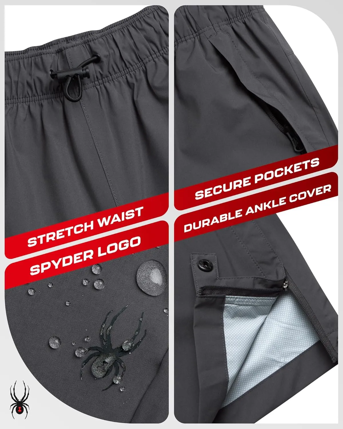 Spyder Mens Rain Pants - Waterproof Hiking Pants for Men, Lightweight Windproof Tactical Outdoor Gear with Elastic Waistband