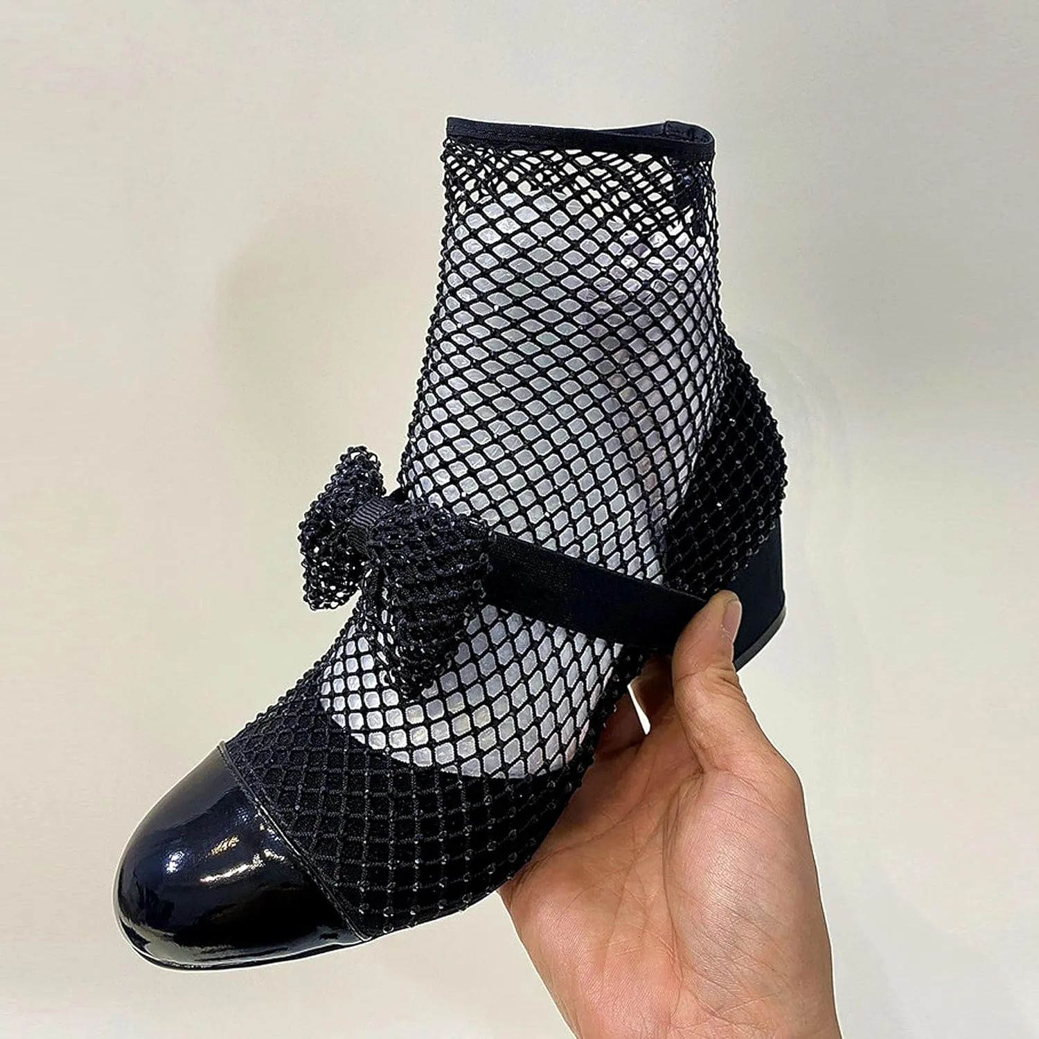 Stiletto High Heels for Women Sparkly Fishnet Heel Peep Toe Breathable Mesh Sandals Rhinestone Fishnets Embellishments Bow Detail Closed-Toe Comfortable