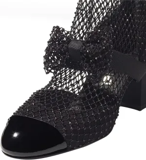 Stiletto High Heels for Women Sparkly Fishnet Heel Peep Toe Breathable Mesh Sandals Rhinestone Fishnets Embellishments Bow Detail Closed-Toe Comfortable