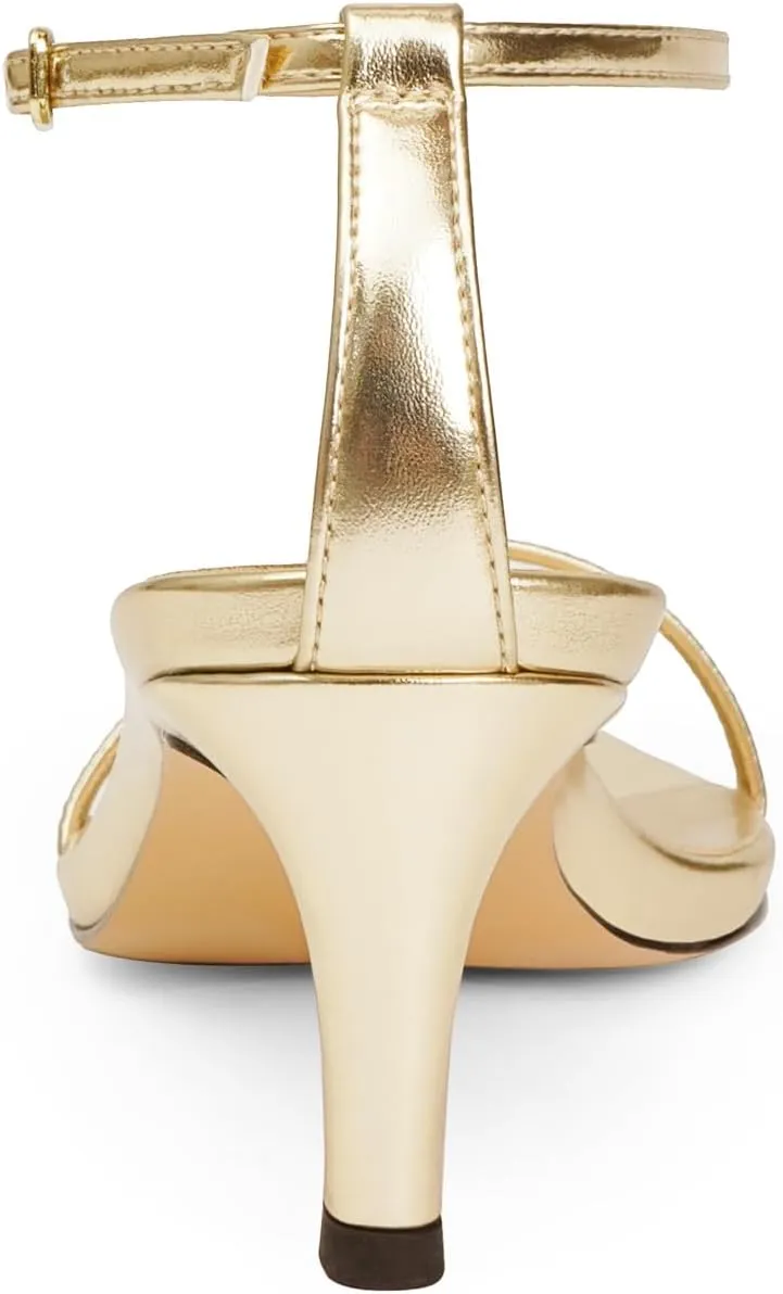Strappy Heeled Sandals for Women with Open Pointed Toe, Interwoven T-Strap, Adjustable Ankle Strap, and Comfortable Low Kitten Heel