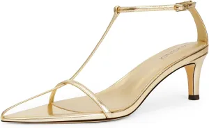 Strappy Heeled Sandals for Women with Open Pointed Toe, Interwoven T-Strap, Adjustable Ankle Strap, and Comfortable Low Kitten Heel
