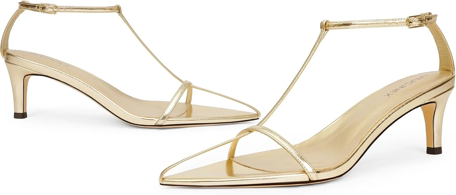Strappy Heeled Sandals for Women with Open Pointed Toe, Interwoven T-Strap, Adjustable Ankle Strap, and Comfortable Low Kitten Heel