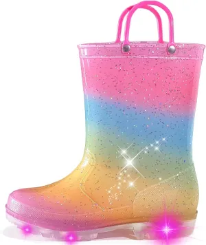 Toddler Rain Boots for Girls Boys, Kids Rain Boots Light Up Glitter Boot Waterproof Shoes with Easy on Handles