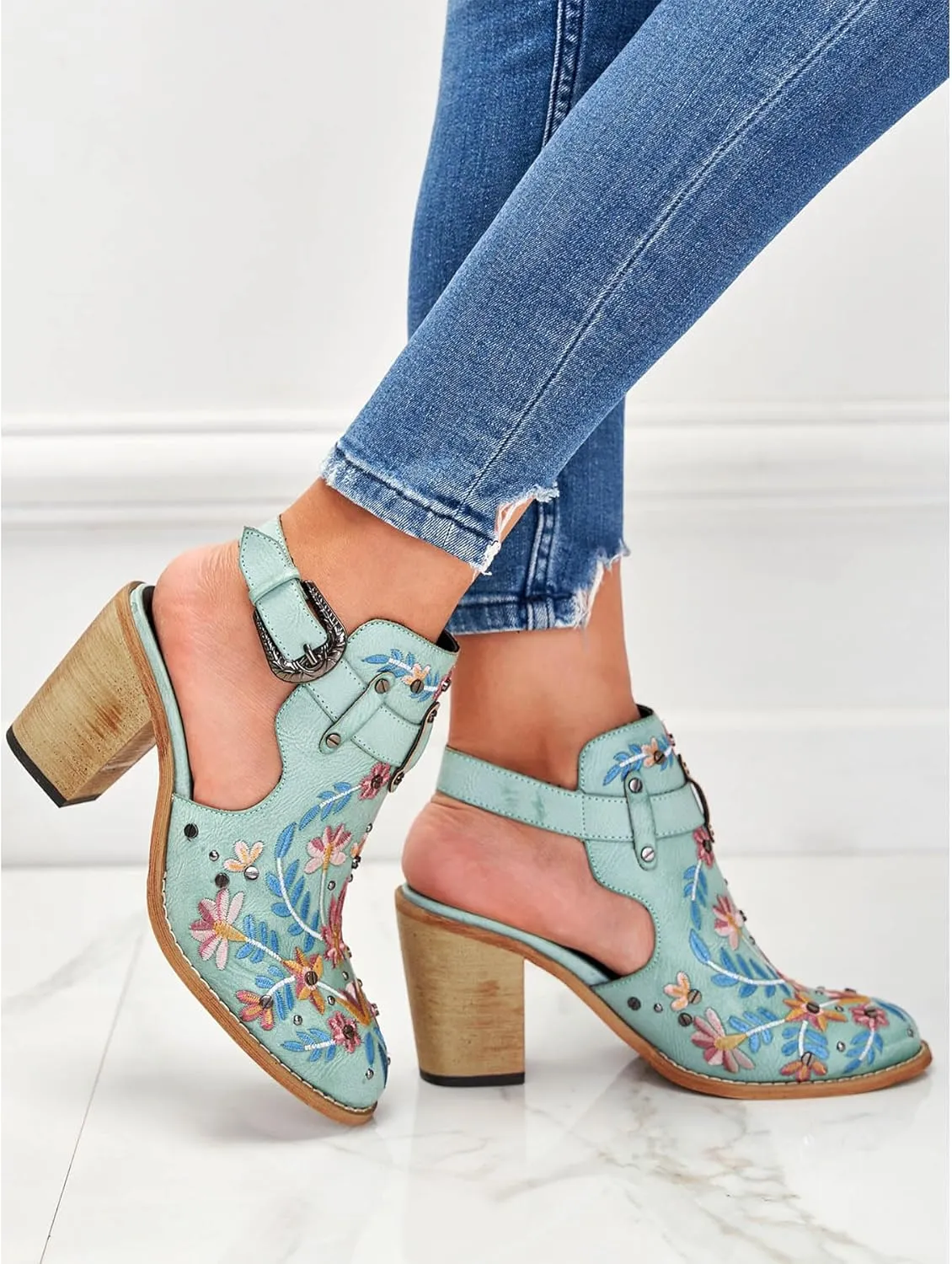 Unimaglif Womens Embroidered Leather Chunky High Heels Block Heeled Sandals With Ankle Strap Closed Toe