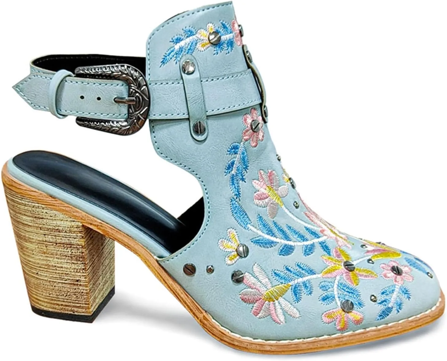 Unimaglif Womens Embroidered Leather Chunky High Heels Block Heeled Sandals With Ankle Strap Closed Toe