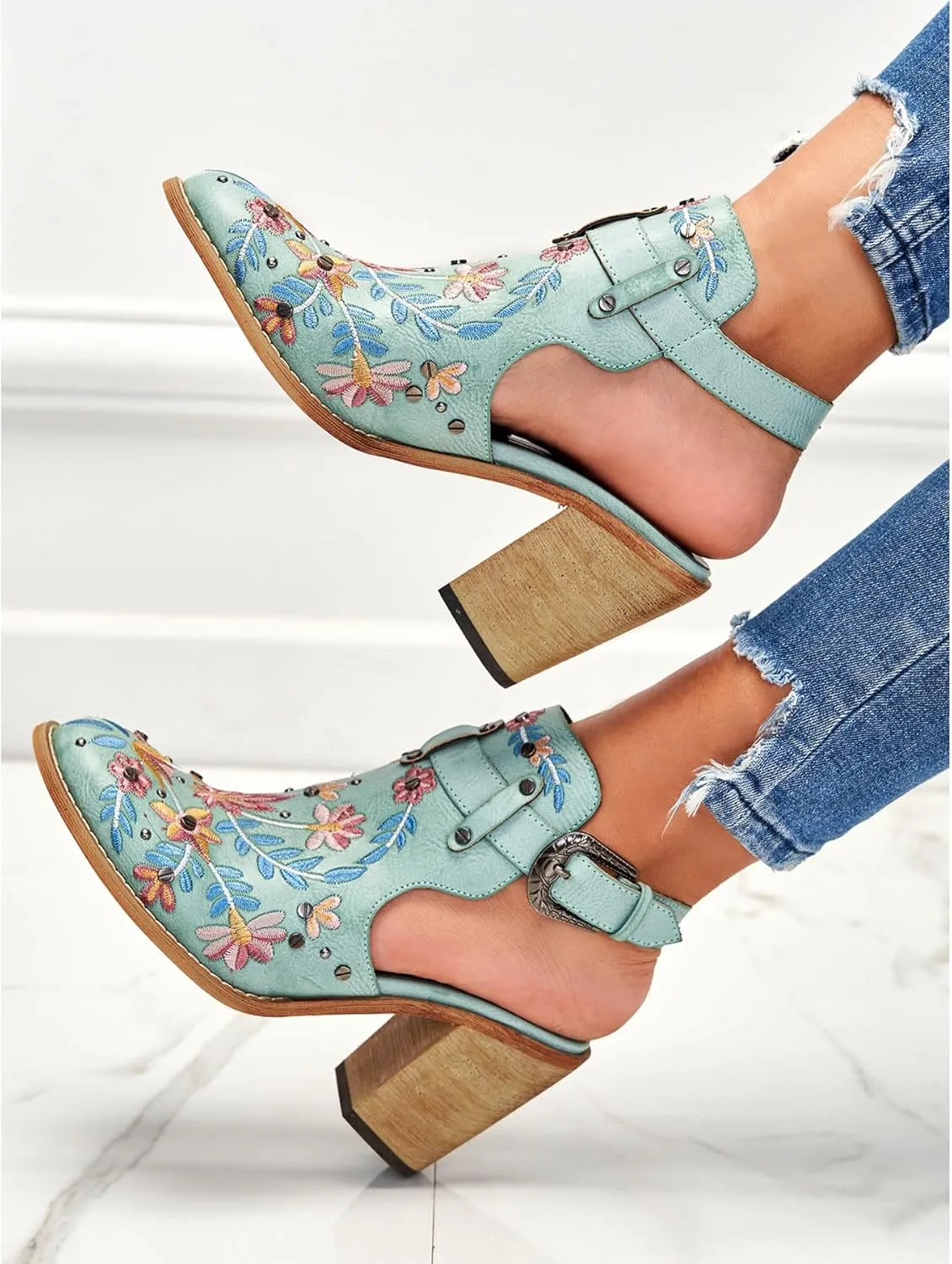 Unimaglif Womens Embroidered Leather Chunky High Heels Block Heeled Sandals With Ankle Strap Closed Toe