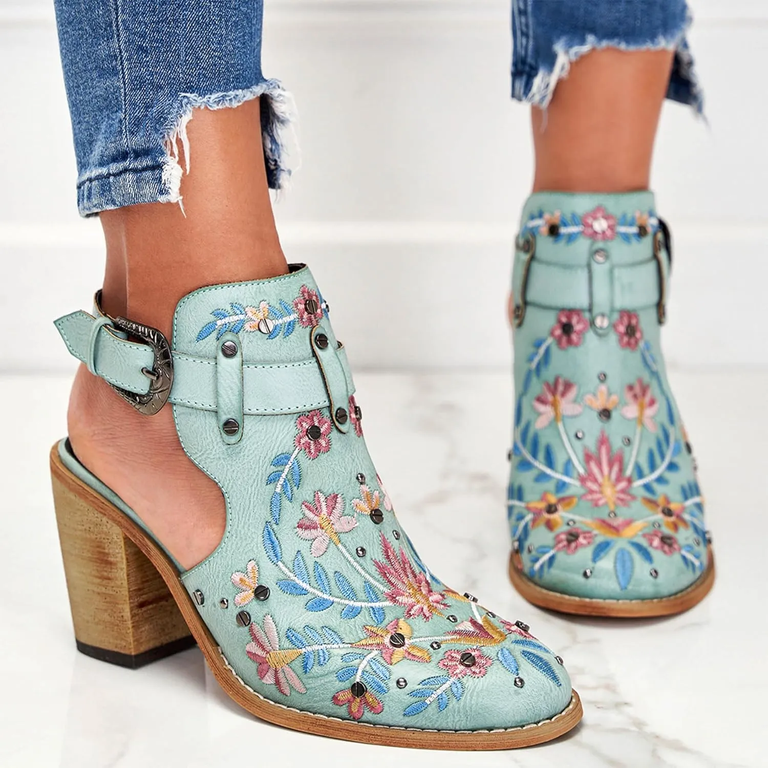 Unimaglif Womens Embroidered Leather Chunky High Heels Block Heeled Sandals With Ankle Strap Closed Toe
