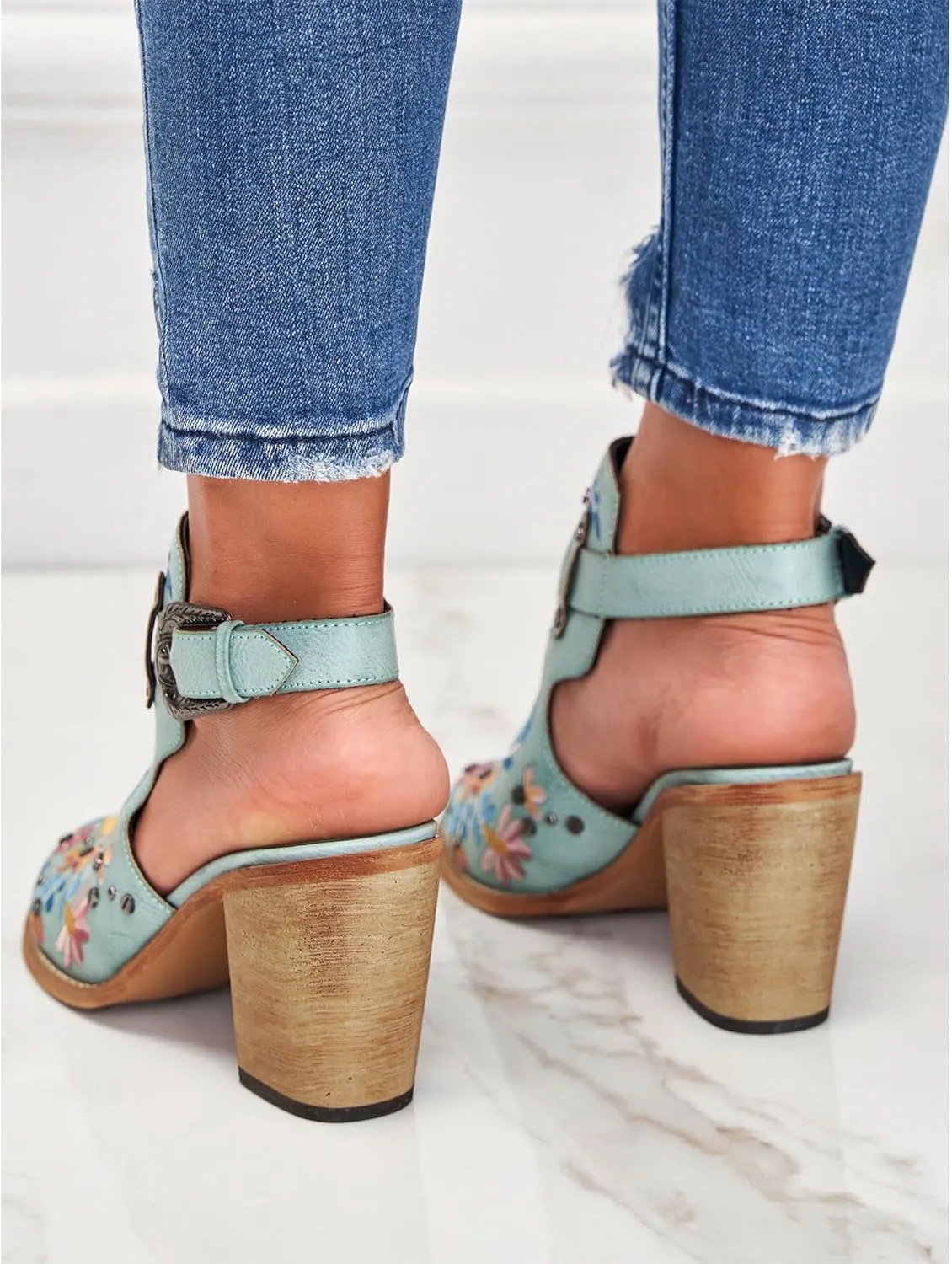 Unimaglif Womens Embroidered Leather Chunky High Heels Block Heeled Sandals With Ankle Strap Closed Toe