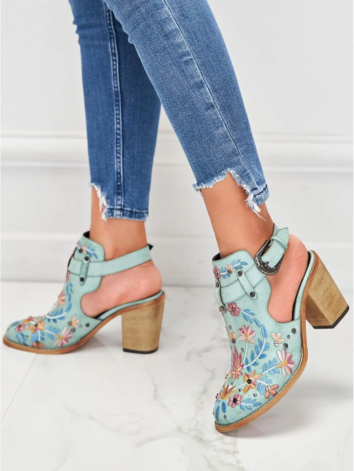 Unimaglif Womens Embroidered Leather Chunky High Heels Block Heeled Sandals With Ankle Strap Closed Toe