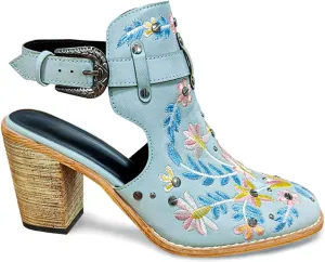 Unimaglif Womens Embroidered Leather Chunky High Heels Block Heeled Sandals With Ankle Strap Closed Toe