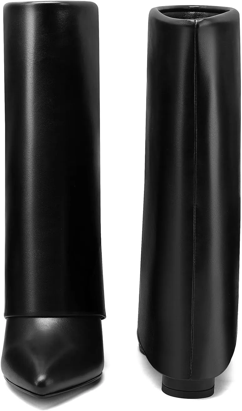 Vaslemuse Women's Mid-Calf Boots Fold Over Chunky Heel Pointed Toe Slouch Riding Boots