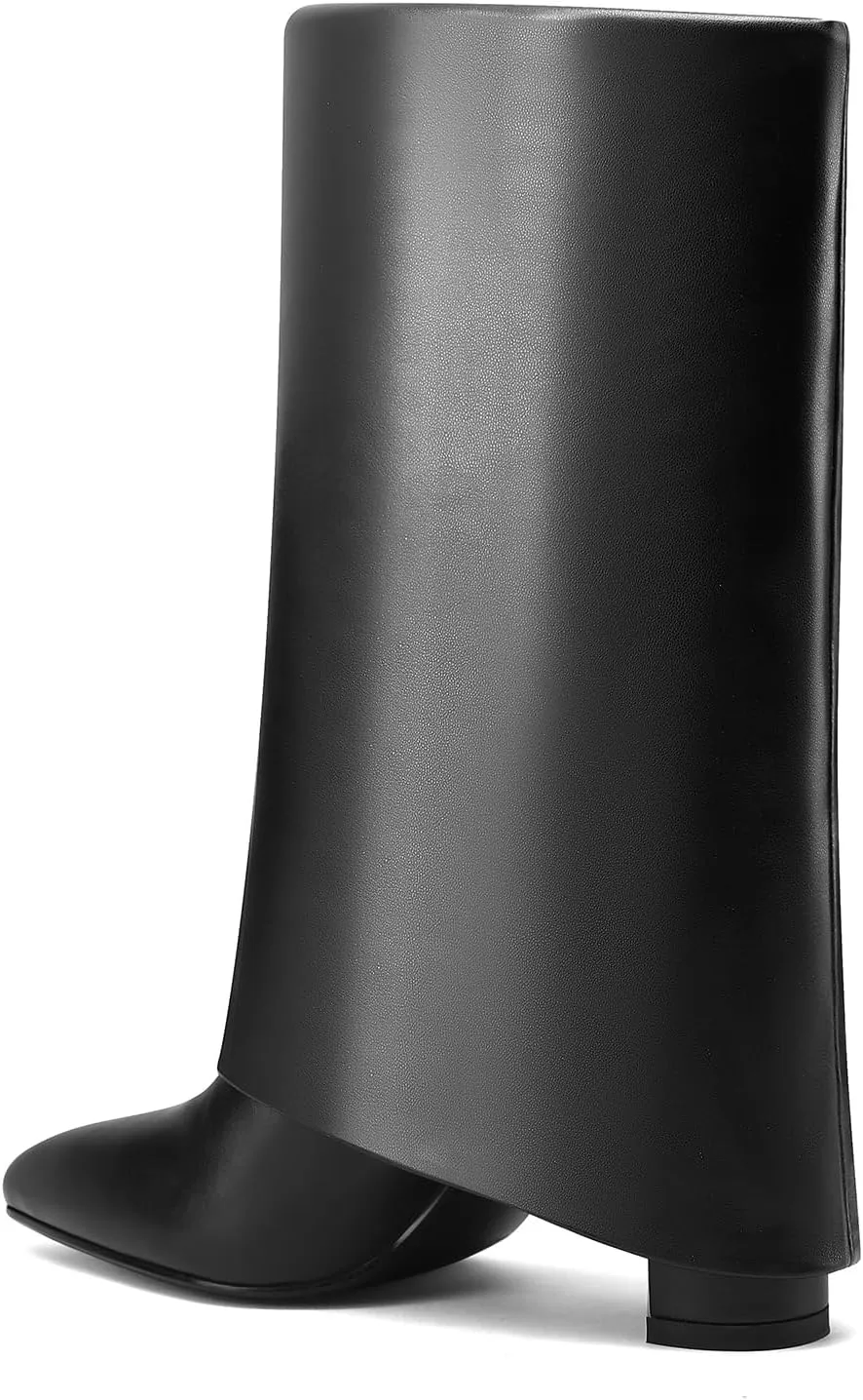 Vaslemuse Women's Mid-Calf Boots Fold Over Chunky Heel Pointed Toe Slouch Riding Boots