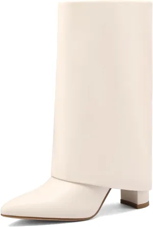 Vaslemuse Women's Mid-Calf Boots Fold Over Chunky Heel Pointed Toe Slouch Riding Boots