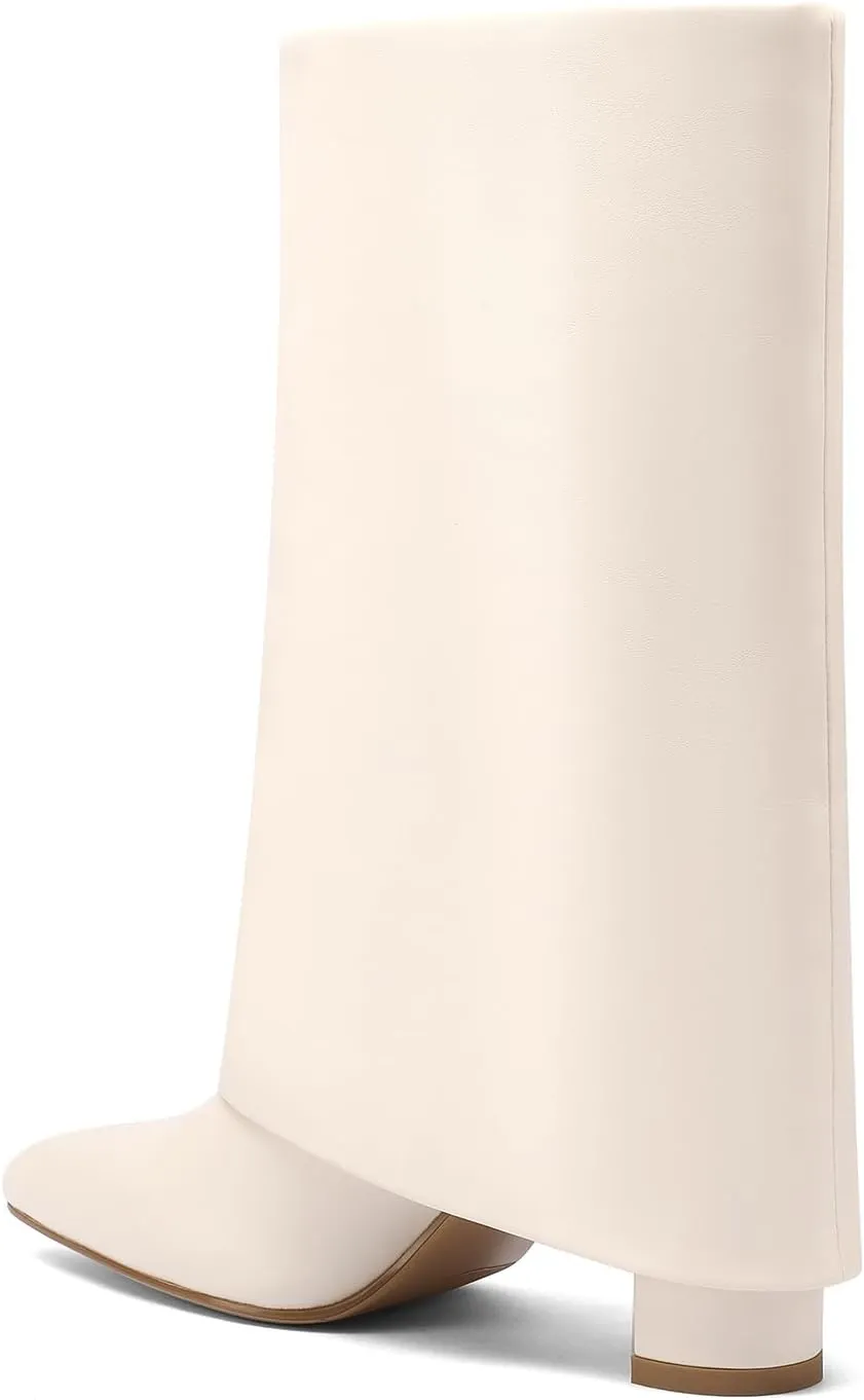 Vaslemuse Women's Mid-Calf Boots Fold Over Chunky Heel Pointed Toe Slouch Riding Boots