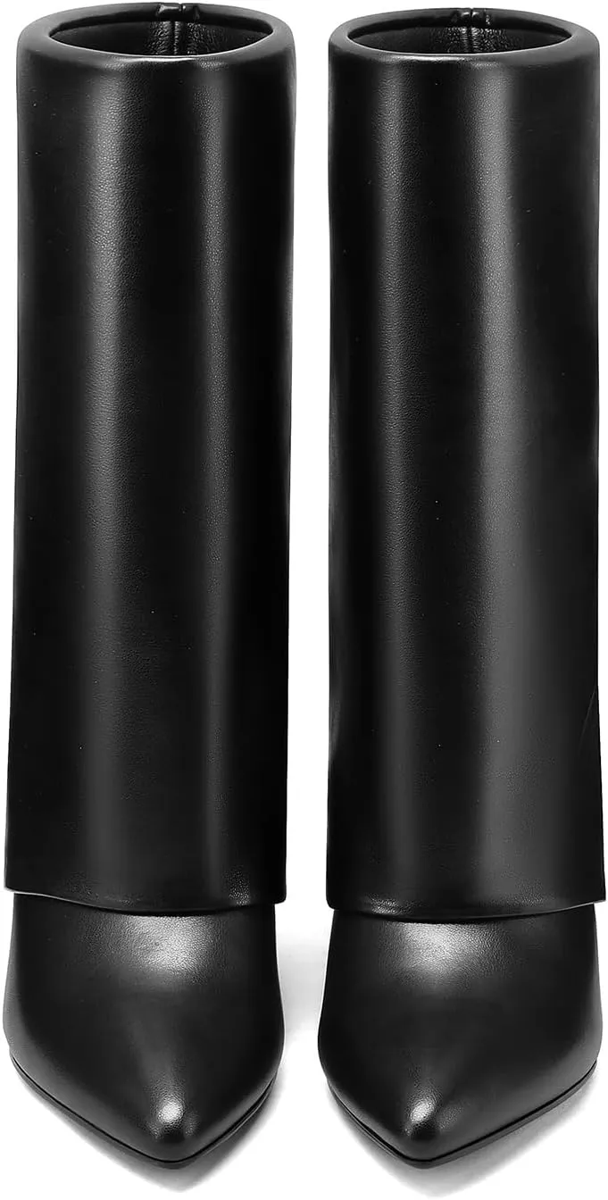 Vaslemuse Women's Mid-Calf Boots Fold Over Chunky Heel Pointed Toe Slouch Riding Boots