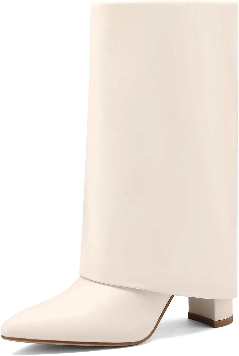 Vaslemuse Women's Mid-Calf Boots Fold Over Chunky Heel Pointed Toe Slouch Riding Boots