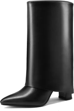 Vaslemuse Women's Mid-Calf Boots Fold Over Chunky Heel Pointed Toe Slouch Riding Boots