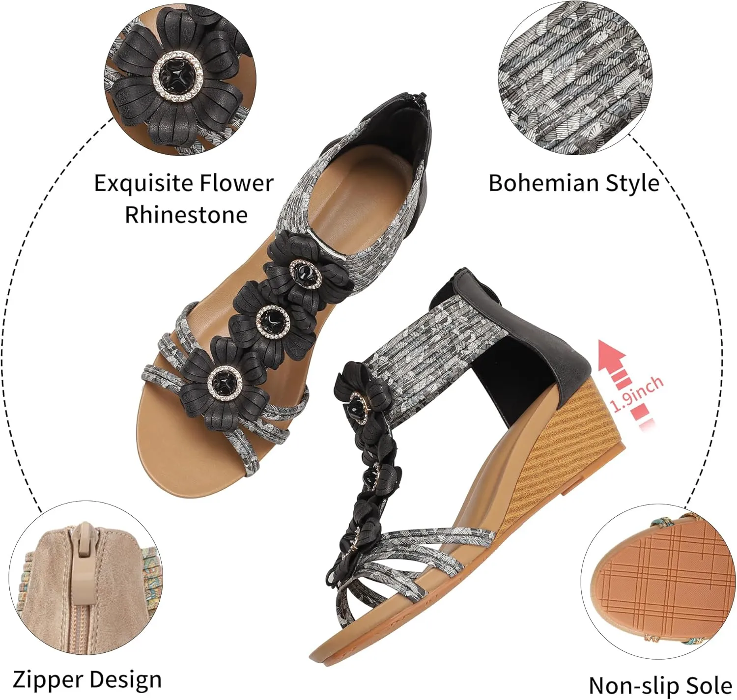 WOJWSKI Wedge Sandals for Women Bohemia Flower Open Toe Gladiator Platform Roman High Heel Casual Summer Dressy Beach Womens Sandals