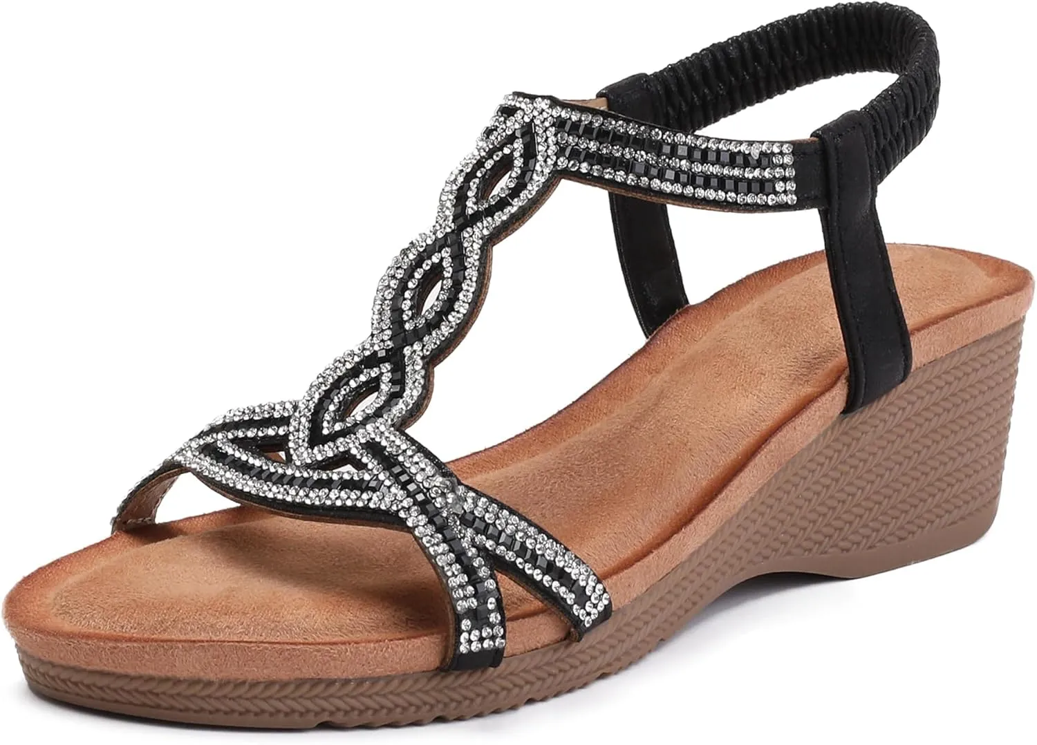 WOJWSKI Wedge Sandals for Women Bohemia Rhinestone Open Toe Roman Heel Summer Dressy Women's Beach Casual Shoes