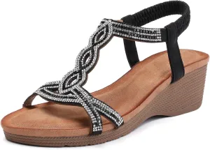 WOJWSKI Wedge Sandals for Women Bohemia Rhinestone Open Toe Roman Heel Summer Dressy Women's Beach Casual Shoes