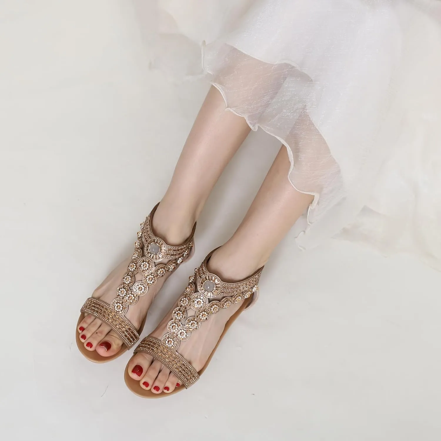 WOJWSKI Wedge Sandals for Women Bohemia Rhinestone Open Toe Roman Heel Zipper Summer Dressy Women's Beach Casual Shoes