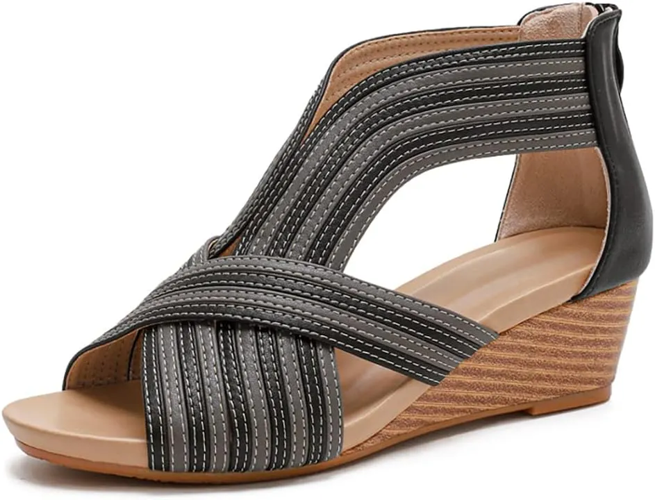WOJWSKI Wedges for Women Sandals Bohemia Open Toe Roman Low Heel Zipper Back Platform Summer Dress Women‘s Beach Sandals