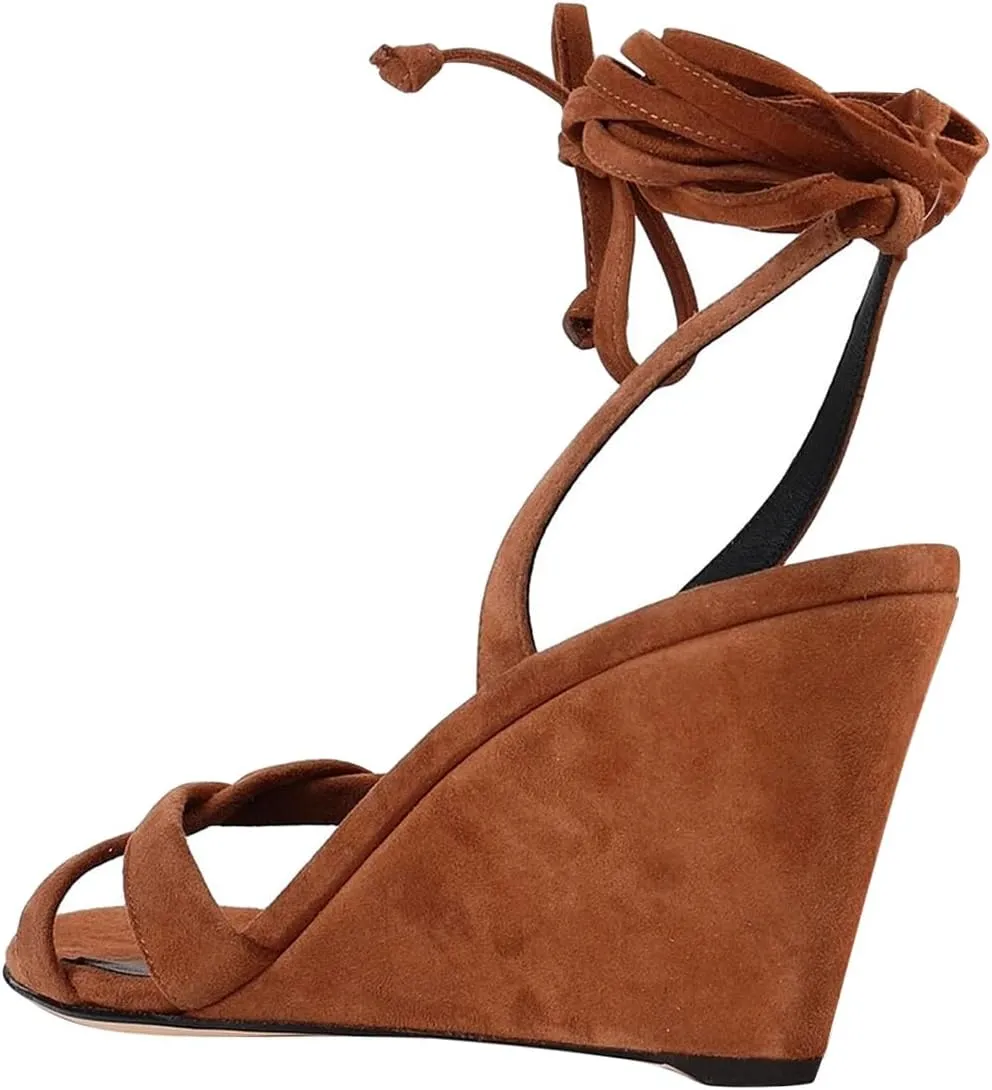 Women Fashion Strappy Ankle Strap Sandals Open Almond Toe Lace up High Heel Wedges Casual Party Club Summer Shoes Size 4-16 US