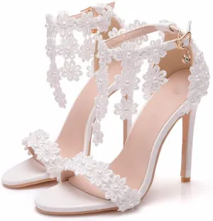 Women Sandals Lace Flowers Pearl Tassel Super High Heels Bridal Wedding Shoes
