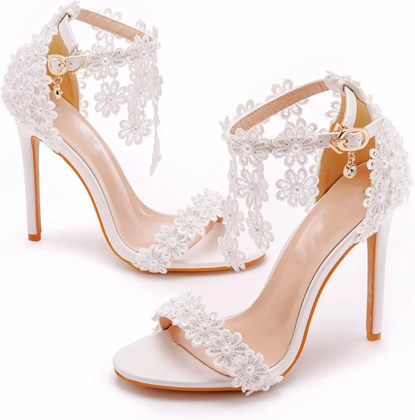 Women Sandals Lace Flowers Pearl Tassel Super High Heels Bridal Wedding Shoes