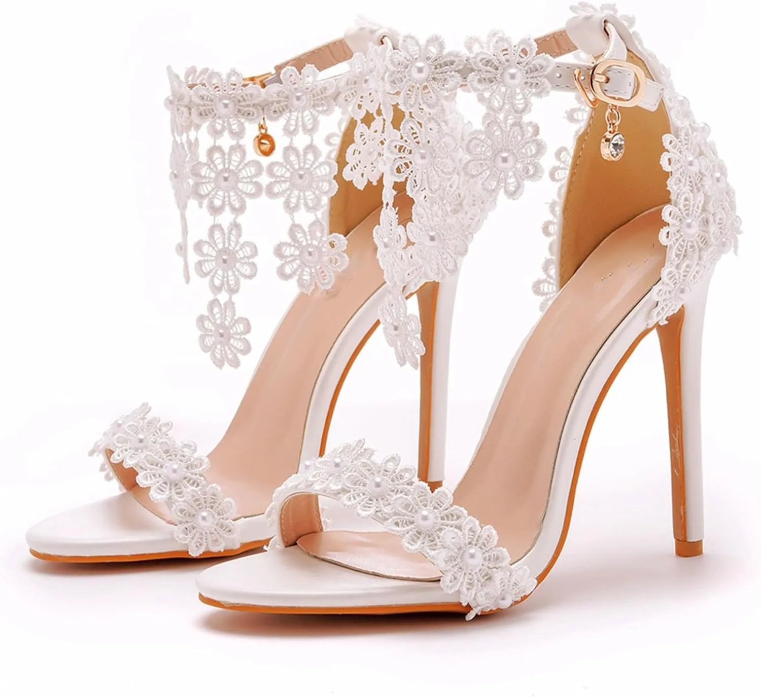 Women Sandals Lace Flowers Pearl Tassel Super High Heels Bridal Wedding Shoes