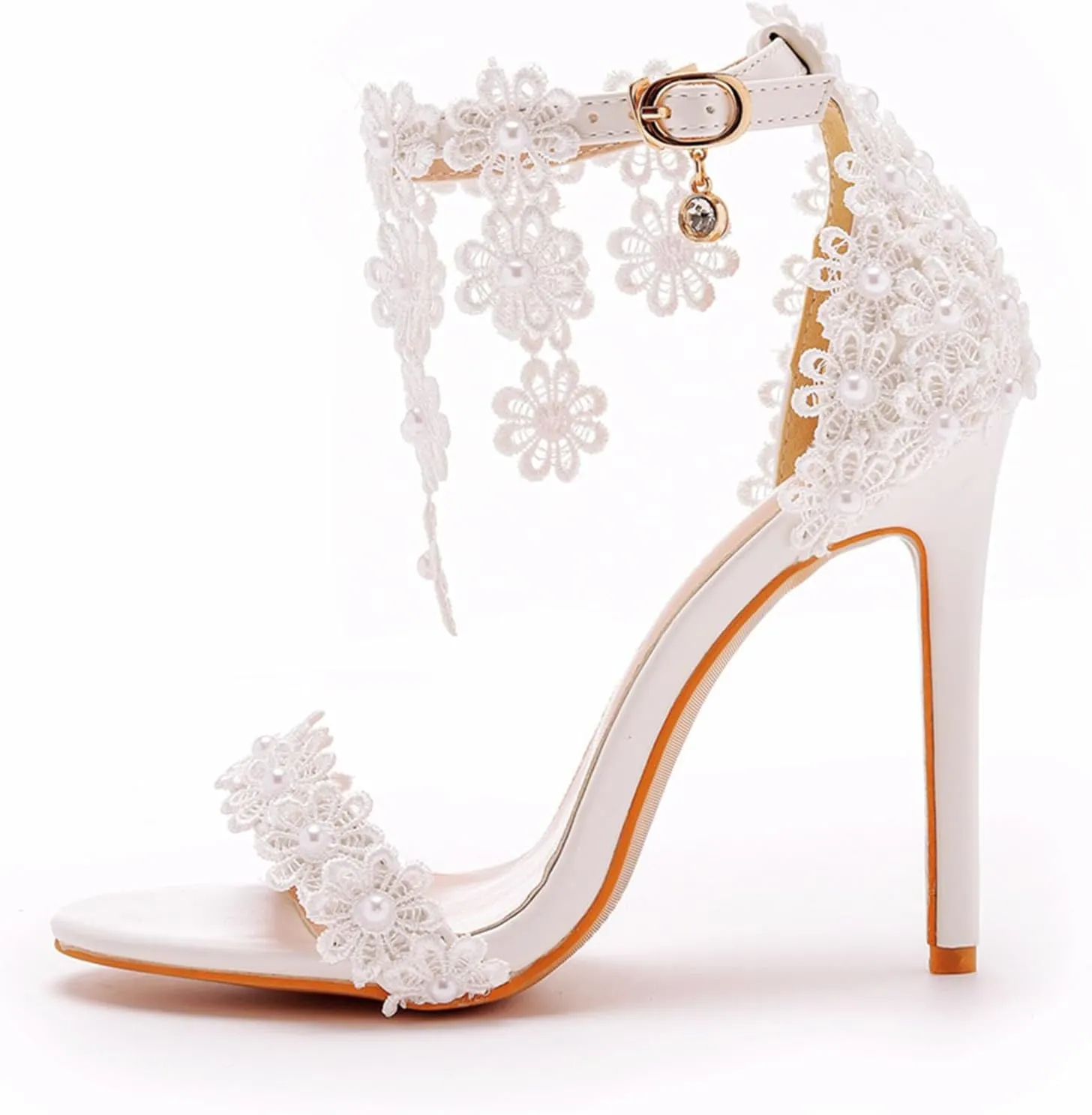 Women Sandals Lace Flowers Pearl Tassel Super High Heels Bridal Wedding Shoes