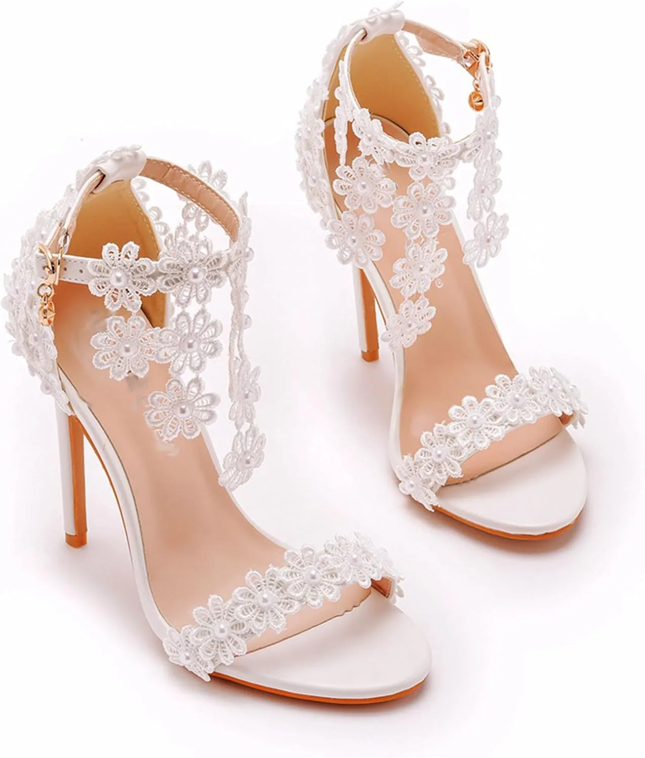 Women Sandals Lace Flowers Pearl Tassel Super High Heels Bridal Wedding Shoes
