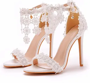 Women Sandals Lace Flowers Pearl Tassel Super High Heels Bridal Wedding Shoes