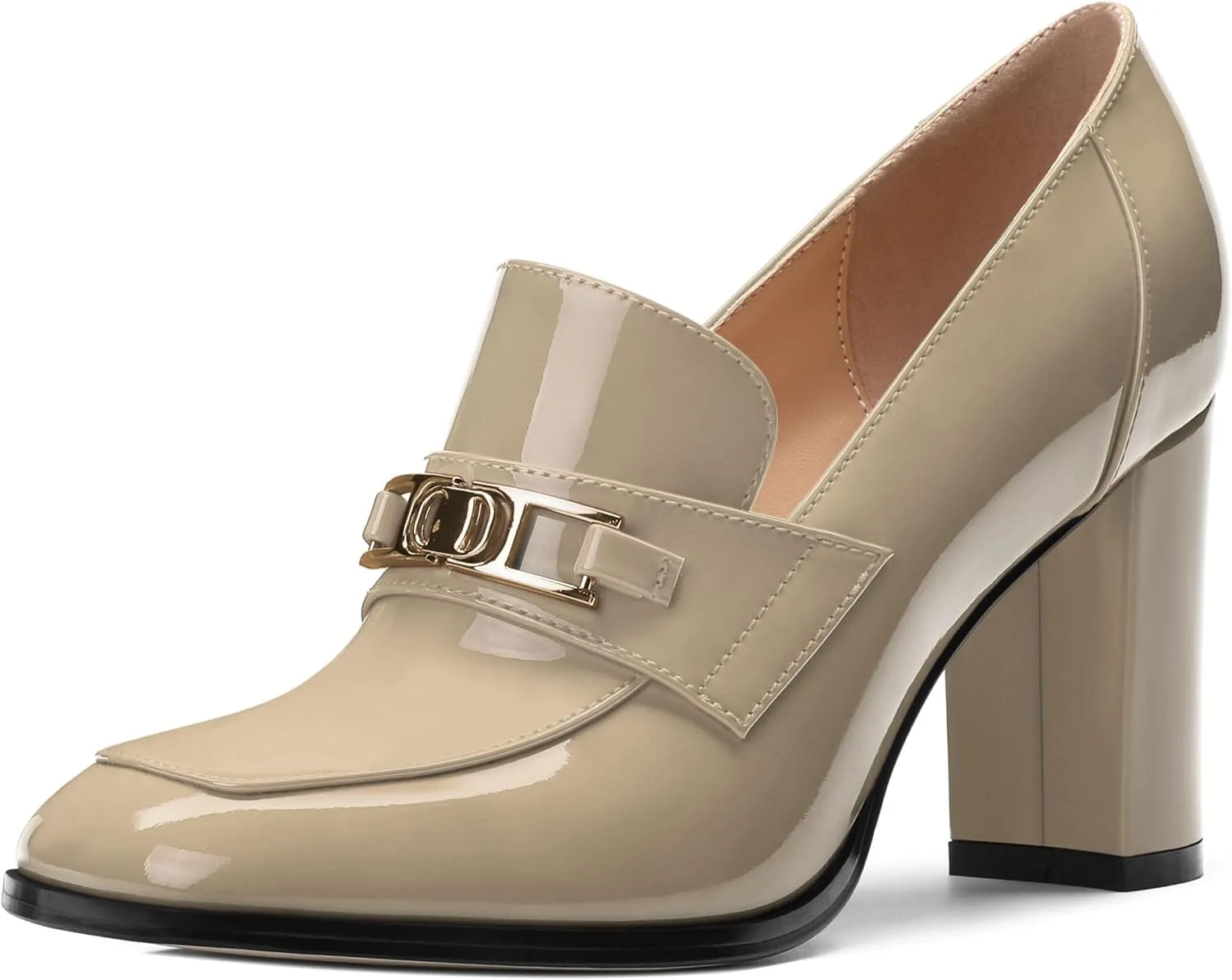 Womens Chunky Block Heels for Women Square Toe Patent Pumps, Slip on Loafers Office Party Prom Shoes 3 inch