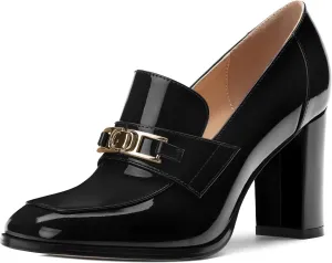 Womens Chunky Block Heels for Women Square Toe Patent Pumps, Slip on Loafers Office Party Prom Shoes 3 inch