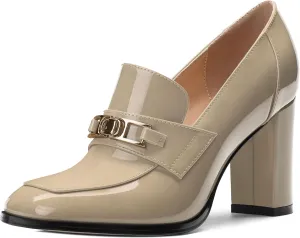 Womens Chunky Block Heels for Women Square Toe Patent Pumps, Slip on Loafers Office Party Prom Shoes 3 inch