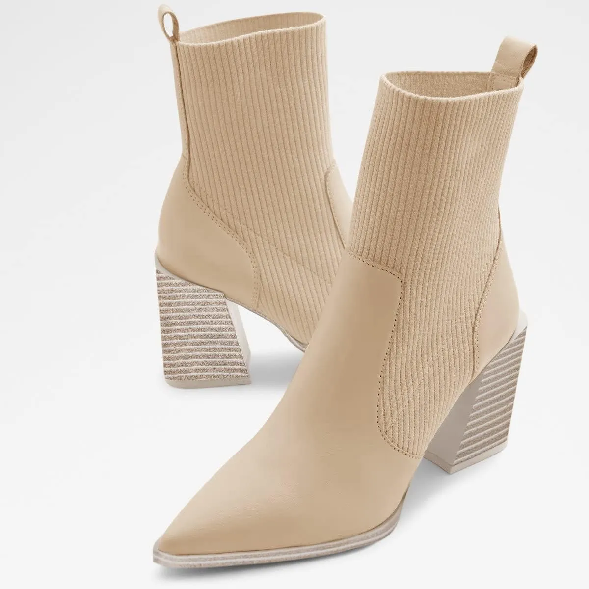 Womens Chunky Stacked Heel Ankle Boots Pointed Toe Booties Slip On Ribbed Knit Sock Boot