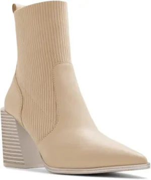 Womens Chunky Stacked Heel Ankle Boots Pointed Toe Booties Slip On Ribbed Knit Sock Boot