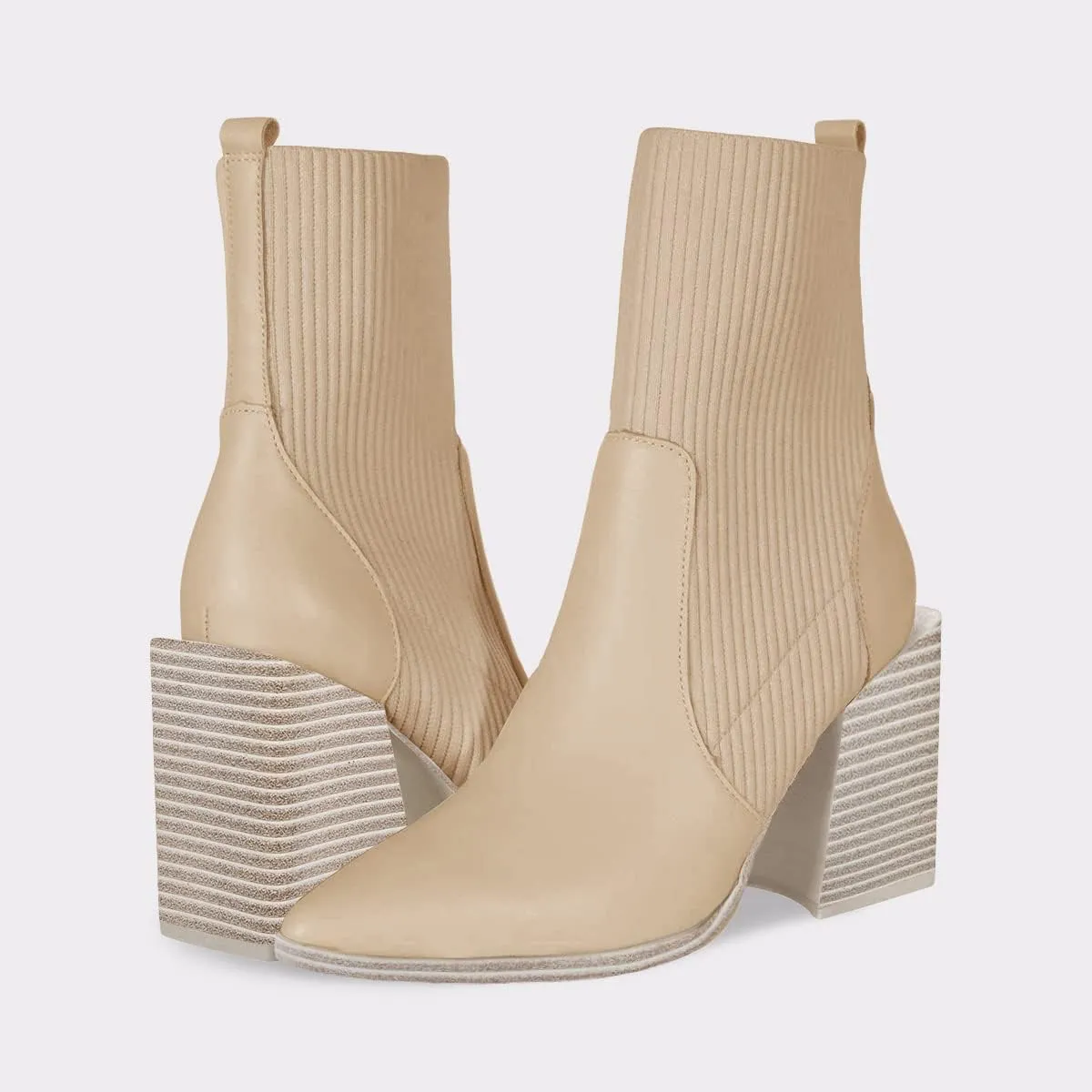 Womens Chunky Stacked Heel Ankle Boots Pointed Toe Booties Slip On Ribbed Knit Sock Boot