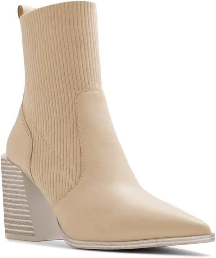 Womens Chunky Stacked Heel Ankle Boots Pointed Toe Booties Slip On Ribbed Knit Sock Boot
