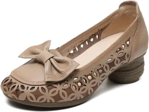Women's Cowhide Ethnic Style Hollow Type Chunky Heel Loafers Baotou Open-Back Bow Non-Slip Comfort Breathable Soft Bottom Slip-On Vintage Pumps Shoe Artistic Mother Shoes