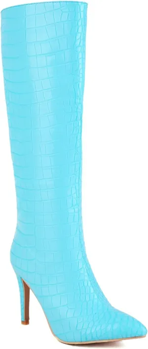 Women's Elegant Crocodile Dress Boots Knee High Zipper Slim High Boots Closed Pointed Toed High Stiletto Heeled Booties Daily Wear Pull-On Banquet Fancy Heels