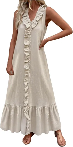 Women's Elegant Ruffle Neck Sleeveless Dress Casual Flowy Hem Long Maxi Skirts Cotton Linen Comfy Dresses Daily Home