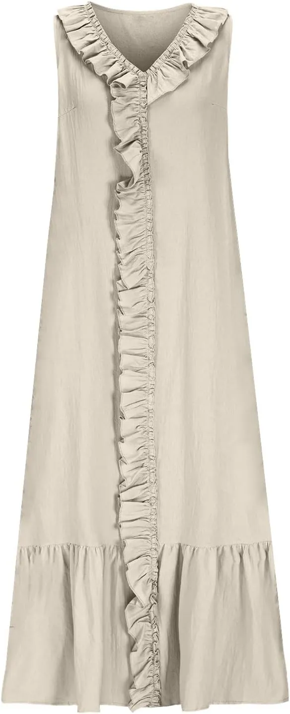 Women's Elegant Ruffle Neck Sleeveless Dress Casual Flowy Hem Long Maxi Skirts Cotton Linen Comfy Dresses Daily Home
