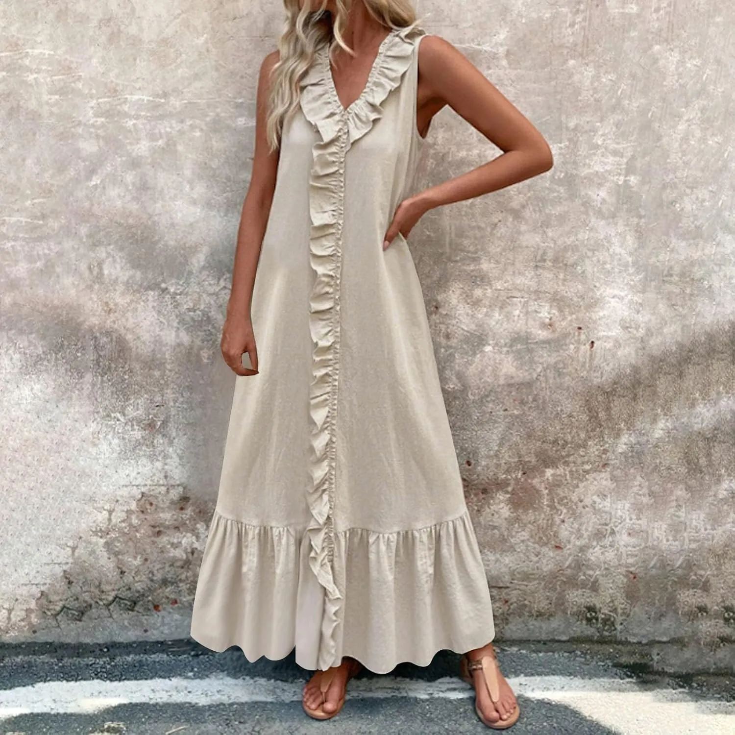 Women's Elegant Ruffle Neck Sleeveless Dress Casual Flowy Hem Long Maxi Skirts Cotton Linen Comfy Dresses Daily Home
