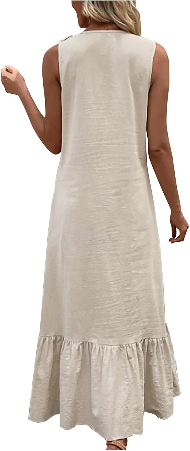 Women's Elegant Ruffle Neck Sleeveless Dress Casual Flowy Hem Long Maxi Skirts Cotton Linen Comfy Dresses Daily Home