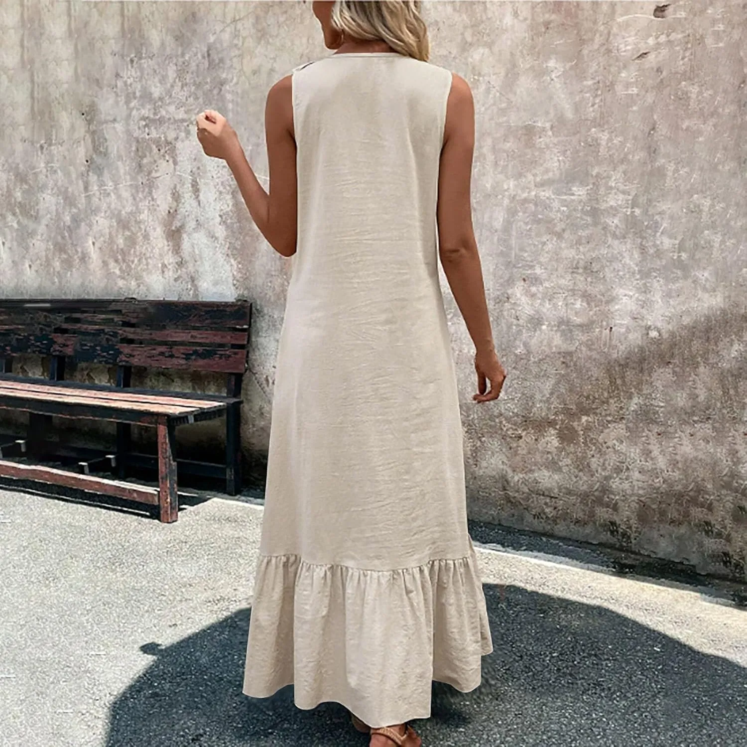 Women's Elegant Ruffle Neck Sleeveless Dress Casual Flowy Hem Long Maxi Skirts Cotton Linen Comfy Dresses Daily Home