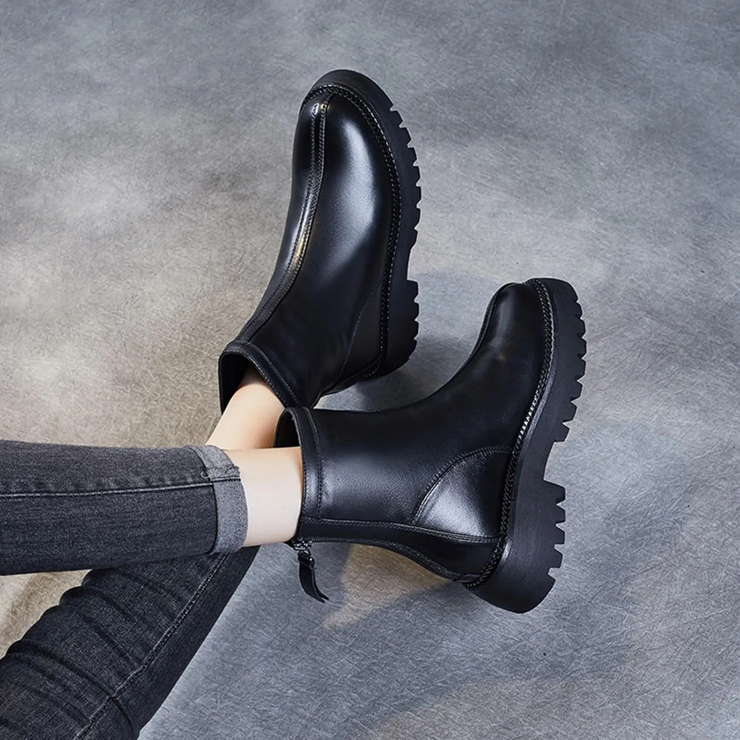 Women's Genuine Leather Lug Platform Low Chunky Heel Short Booties Retro Round Toe Stitching Details Back Zipper Block Heel Ankle Boots for Walking Party