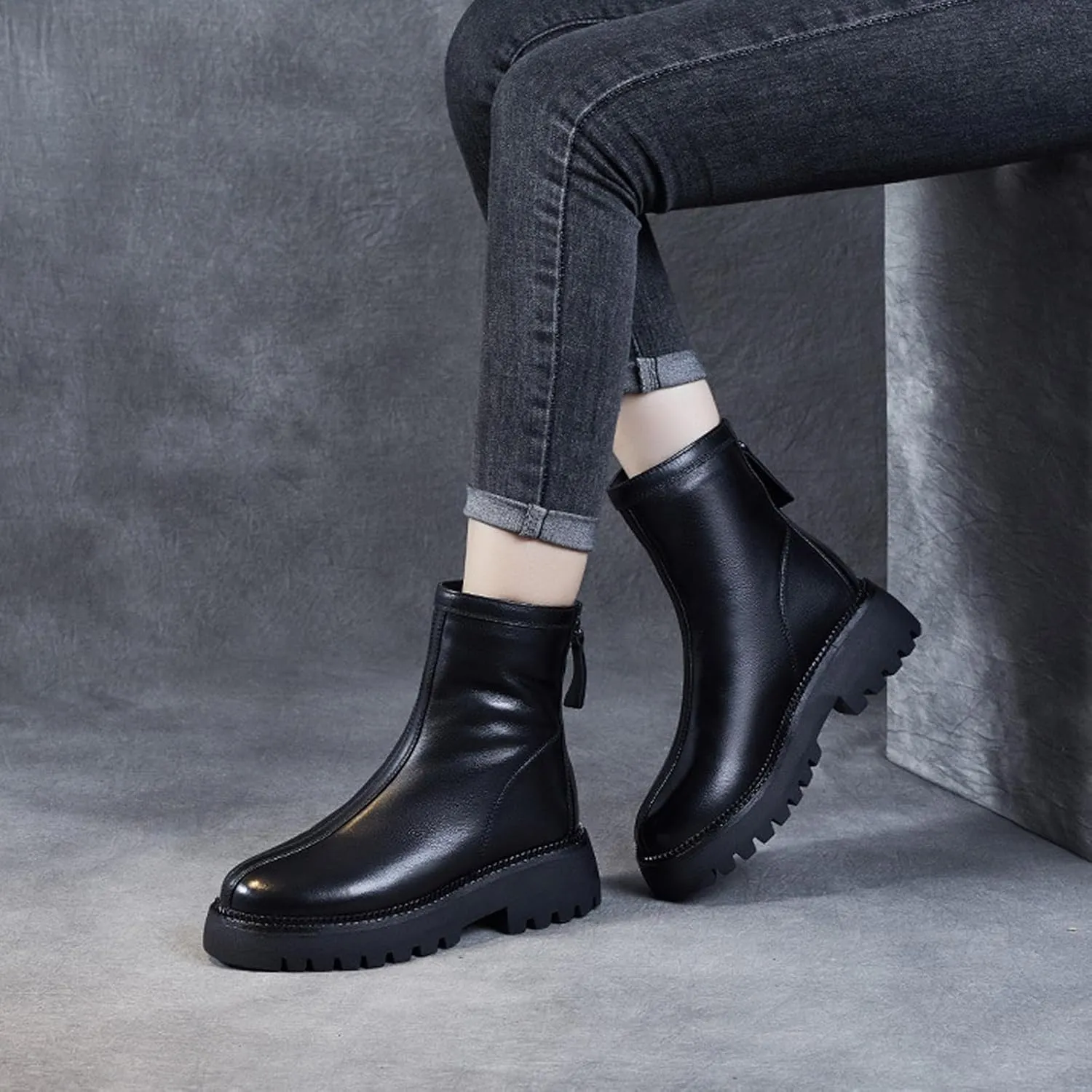 Women's Genuine Leather Lug Platform Low Chunky Heel Short Booties Retro Round Toe Stitching Details Back Zipper Block Heel Ankle Boots for Walking Party
